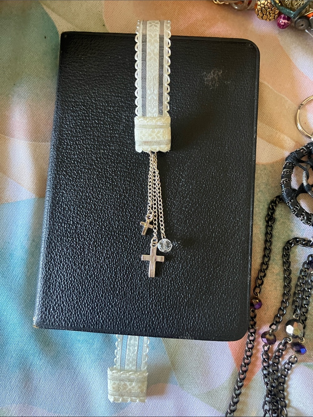 White Lace & Silver Cross Handmade Bookmark 12” + Dangling Crosses & Bead